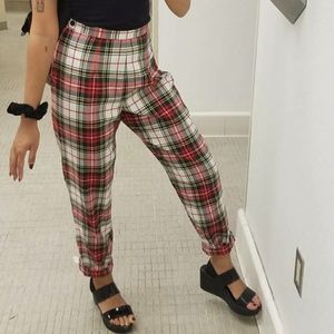 Red and green plaid high waist pants